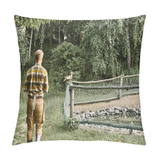 Personality  Back View Of Modern Farmer In Casual Attire Posing Next To Aviary With Geese While In Village Pillow Covers
