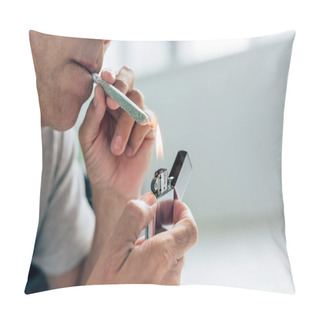 Personality  Cropped View Of Man Lighting Up Blunt With Medical Cannabis Pillow Covers