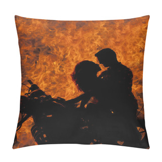 Personality  Silhouette Couple Kiss On Motorcycle Fire Pillow Covers