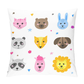 Personality  Set Of Cute Doodle Animal Faces In Scandinavian Style Isolated On White Background. Pillow Covers