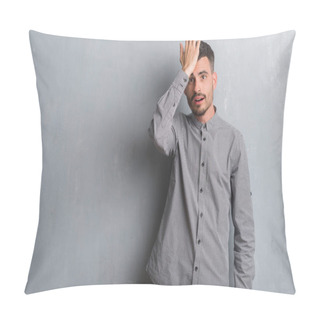 Personality  Young Adult Man Standing Over Grey Grunge Wall Surprised With Hand On Head For Mistake, Remember Error. Forgot, Bad Memory Concept. Pillow Covers