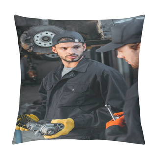 Personality  Professional Mechanics In Uniform Working With Car And Tools In Workshop Pillow Covers