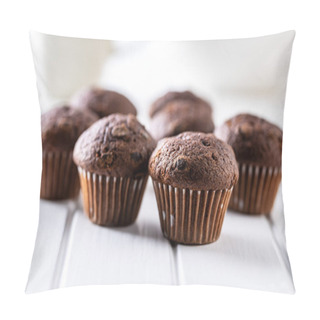 Personality  Chocolate Muffins. Sweet Dark Cupcakes On White Table. Pillow Covers