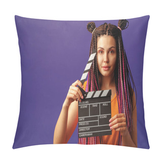 Personality  Young Woman With Braids Holding Clapper Board Close-up On Purple Background Pillow Covers
