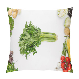 Personality  Flat Lay With Various Seasonal Ripe Vegetables With Celery In Middle Isolated On White Pillow Covers