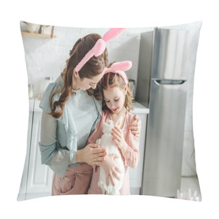Personality  Mother Hugging Kid In Bunny Ears With Toy Rabbit  Pillow Covers