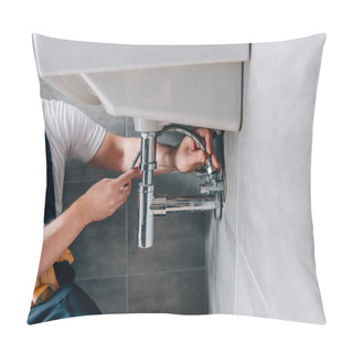 Personality  Partial View Of Male Plumber In Working Overall Fixing Sink In Bathroom  Pillow Covers