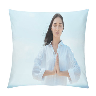 Personality  Concentrated Asian Woman With Closed Eyes Doing Namaste Mudra Gesture In Front Of Sea  Pillow Covers
