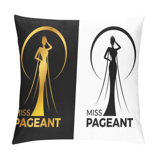 Personality  Miss Lady Pageant Logo Sign With Gold And Black Woman Wear Crown In Circle Ring Vector Design Pillow Covers
