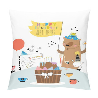 Personality  Cartoon Greeting Card With Cute Animals Celebrating Birthday. Vector Illustration Pillow Covers
