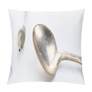 Personality  Close Up View Of Silver Spoon, Syringe And Needle On White Background, Panoramic Shot Pillow Covers