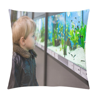 Personality  Little Boy Watches Fishes In Aquarium Pillow Covers