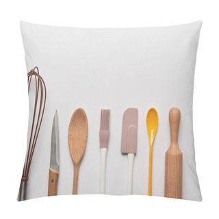 Personality  Top View Of Cooking Utensils Arranged In Row On Grey Background  Pillow Covers