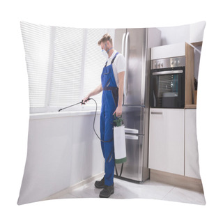 Personality  Young Male Exterminator Worker Spraying Insecticide Chemical In Kitchen Pillow Covers