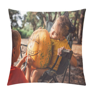 Personality Alternative Safe Celebration. Cute Kids Preparing Halloween Party In The Trunk Of Car With Carved Pumpkin, Spider Net, Ghosts And Other Decoration For Halloween, Autumn Outdoor. Pillow Covers