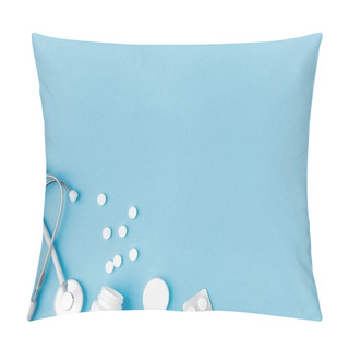 Personality  Container, Scattered Pills And Stethoscope Isolated On Blue Background    Pillow Covers