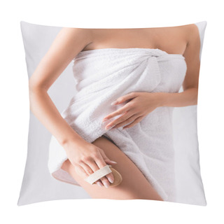 Personality  Cropped View Of Young Woman Exfoliating Skin On Leg With Brush On White Pillow Covers