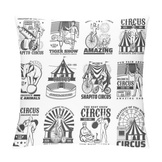 Personality  Big Top Tent Circus Performances Engraved Vector Icon Set. Tiger Tamer And Snake Charmer, Magician, Clown, Strongman And Unicyclist, Aerial Hoop Acrobat And Tightrope Walker. Chapiteau Circus Show Pillow Covers