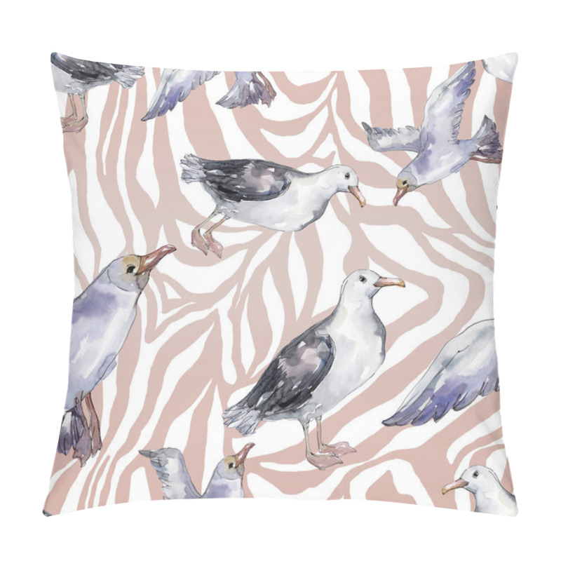 Personality  Sky bird seagull in a wildlife. Wild freedom, bird with a flying wings. Watercolor illustration set. Watercolour drawing fashion aquarelle. Seamless background pattern. Fabric wallpaper print texture. pillow covers
