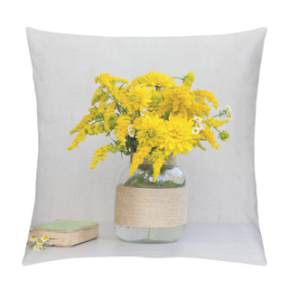 Personality  Little Old Book, A Bouquet Of Flowers Chrysanthemums, Goldenrod And Daisies In A Glass Vase Homemade Closeup On Gray Background Closeup Pillow Covers
