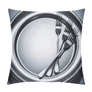 Personality  Close-up View Of Three Shiny Forks On Metal Tray On Grey   Pillow Covers