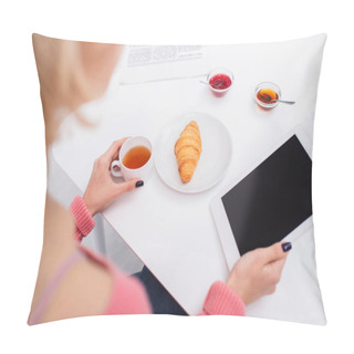 Personality  High Angle View Of Woman Using Digital Tablet During Breakfast  Pillow Covers