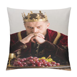 Personality  Thoughtful King With Crown Sitting At Table Isolated On Grey Pillow Covers