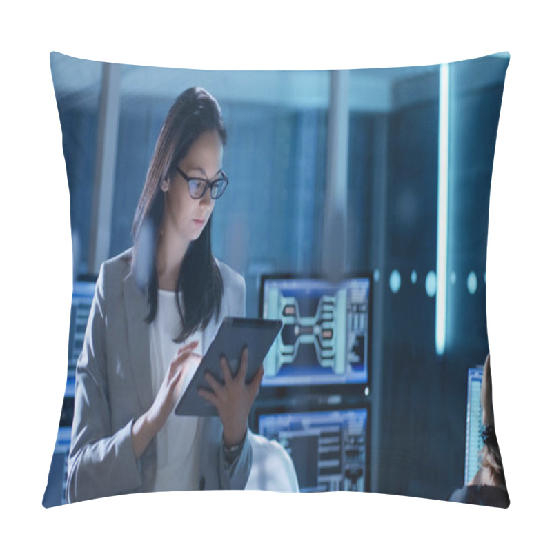 Personality  Young Female Government Employee Wearing Glasses Uses Tablet In  Pillow Covers