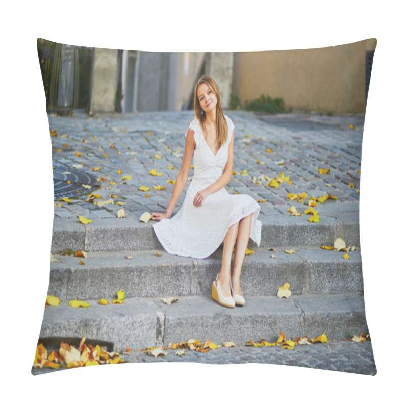 Personality  Beautiful young woman in white dress sitting on the stairs with yellow autumn leaves on famous Montmartre hill in Paris, France at early morning pillow covers