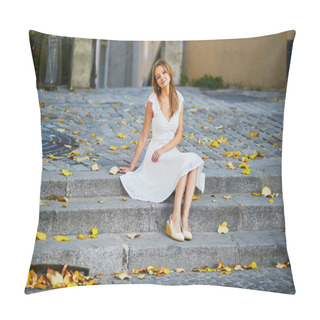 Personality  Beautiful Young Woman In White Dress Sitting On The Stairs With Yellow Autumn Leaves On Famous Montmartre Hill In Paris, France At Early Morning Pillow Covers