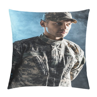 Personality  Confident Soldier In Military Cap And Uniform On Black With Smoke  Pillow Covers