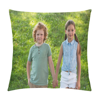 Personality  Happy Brother And Sister Holding Hands And Looking At Camera Outdoors Pillow Covers
