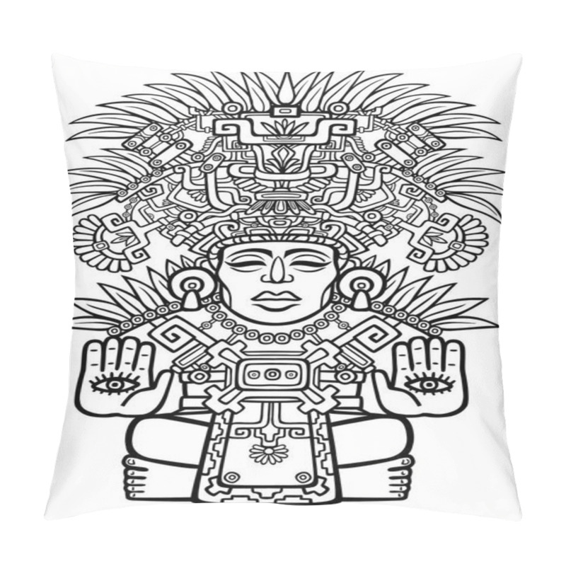 Personality  Linear Drawing: Decorative Image Of An Indian Deity. Motives Of Art Of Indians Maya. The Isolated Black Silhouette On A White Background. Vector Illustration, Be Used For Coloring Book. Pillow Covers
