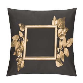 Personality  Top View Of Golden Photo Frame And Leaves Isolated On Black Pillow Covers
