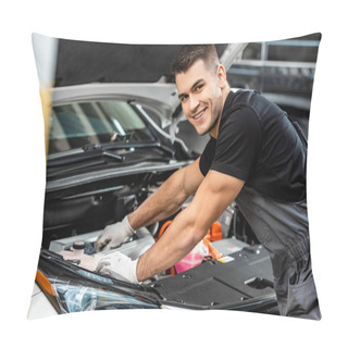 Personality  Selective Focus Of Smiling Mechanic Inspecting Car Engine Compartment  Pillow Covers
