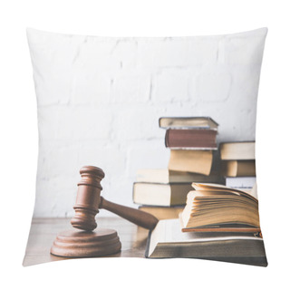 Personality  Opened Juridical Books With Gavel On Wooden Table, Law Concept Pillow Covers