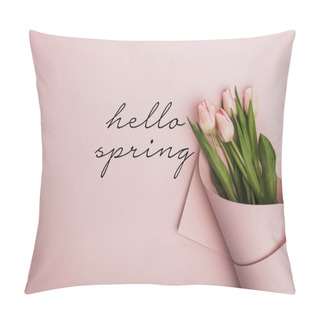 Personality  Top View Of Tulips Wrapped In Paper On Pink Background, Hello Spring Illustration Pillow Covers