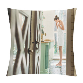 Personality  Side View Of Young Woman Standing On Digital Scales In Bathroom Pillow Covers
