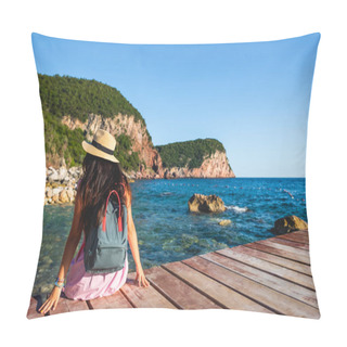 Personality  Back View Of Woman With Backpack Sitting On Bridge Near Sea In Budva, Montenegro Pillow Covers