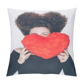 Personality  Young Woman Covering Face With Pillow In Shape Of Heart Isolated On White Pillow Covers