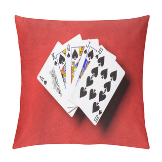 Personality  Top View Of Red Poker Table And Unfolded Playing Cards With Spades Suit Pillow Covers
