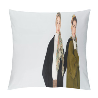 Personality  Woman In Black Coat And Kerchief Touching Shoulder Of Stylish Friend Isolated On Grey, Banner Pillow Covers