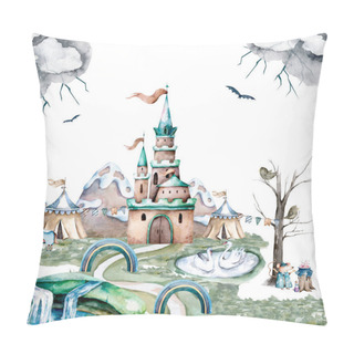 Personality  Castle With A High Tower And Flag. Around The Castle Forest And Mountains.  Illustration Pillow Covers