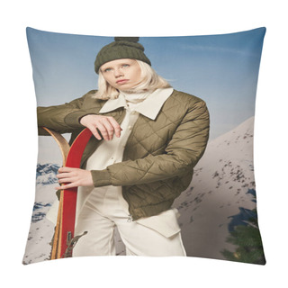 Personality  Stylish Blonde Woman In Jacket With Bobble Hat And Skis In Hands Looking Away, Winter Concept Pillow Covers