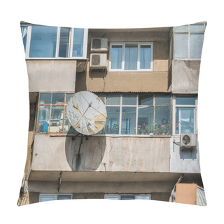Personality  Worn Out Apartment Building From The Communist Era Against Blue Sky In Bucharest Romania. Ugly Traditional Communist Housing Ensemble Pillow Covers