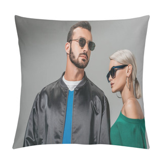 Personality  Fashionable Couple Posing In Sunglasses, Isolated On Grey Pillow Covers
