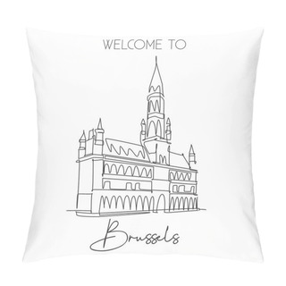 Personality  Single Continuous Line Drawing Grand Place Of Brussels Landmark. Most Beautiful Famous Place In Belgium. World Travel Home Wall Decor Poster Concept. Simple One Line Draw Design Vector Illustration Pillow Covers