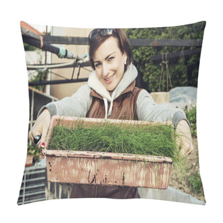 Personality  Joyful Caucasian Woman With Pot Of Chive In The Garden Pillow Covers