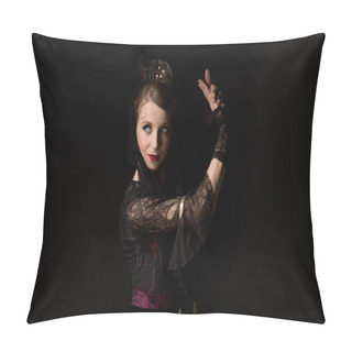 Personality  Pretty Young Dancer Looking Away And Dancing Flamenco Isolated On Black  Pillow Covers