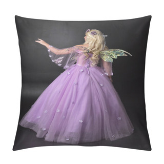 Personality  Full Length Portrait Of A Blonde Girl Wearing A Fantasy Fairy Inspired Costume,  Long Purple Ball Gown With Fairy Wings,   Standing Pose  With Back To The Camera On A Dark Studio Background. Pillow Covers